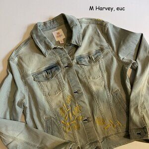 Medium Lularoe Harvey jean jacket, light blue with yellow embroidered roses